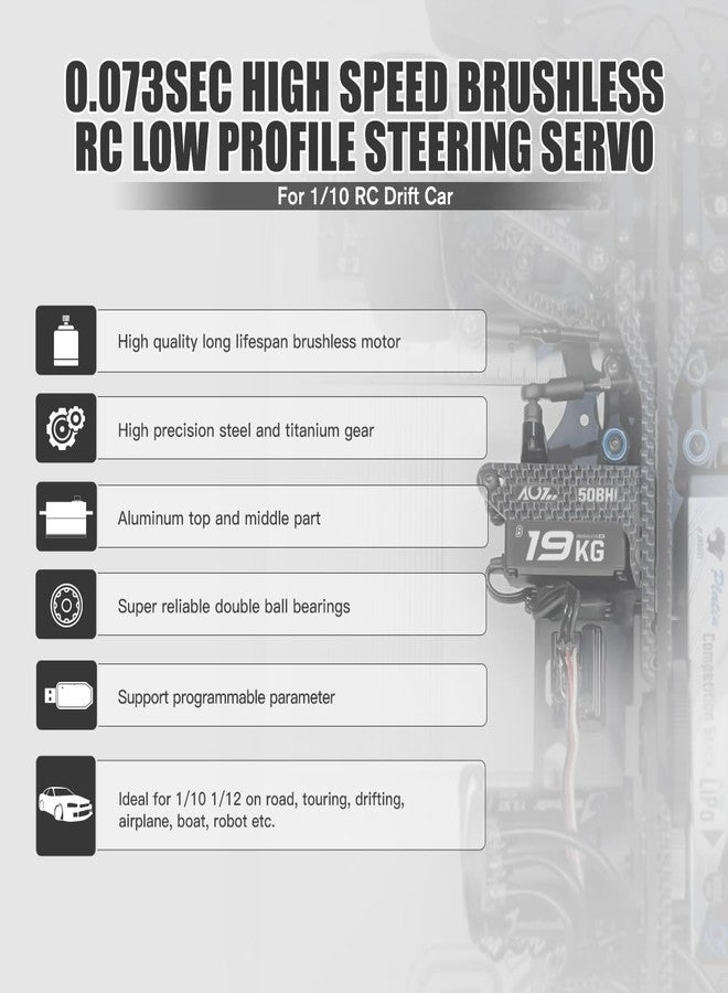 AGFRC 19KG Low-Profile Programmable RC-Steering-Servo - 0.073Sec High Speed Full Metal Gear Brushless Black Servo with 25T Metal Servo Horn for 1/10 RC Drift Car, Control Angle 180° (A50BHL) - Image 3